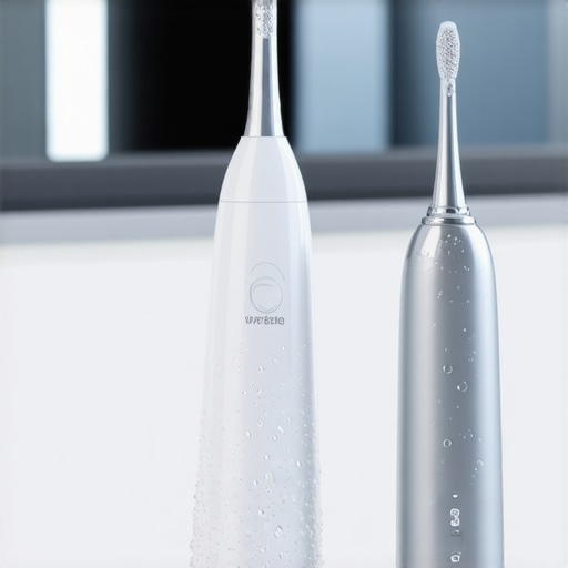 High-end electric toothbrush and water flosser on a bathroom counter representing daily oral maintenance.