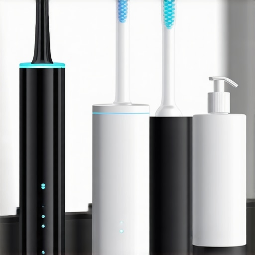 Modern Oral Care Tools for Accessibility Electric toothbrush and pump toothpaste on a bathroom counter representing accessible dental care.