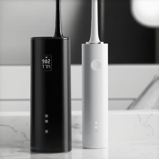 Close-up of a water flosser and electric toothbrush on a bathroom counter.