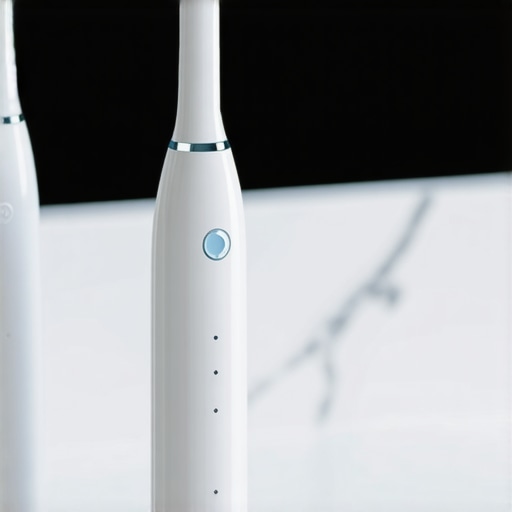 Close up of a water flosser and electric toothbrush on a bathroom counter.