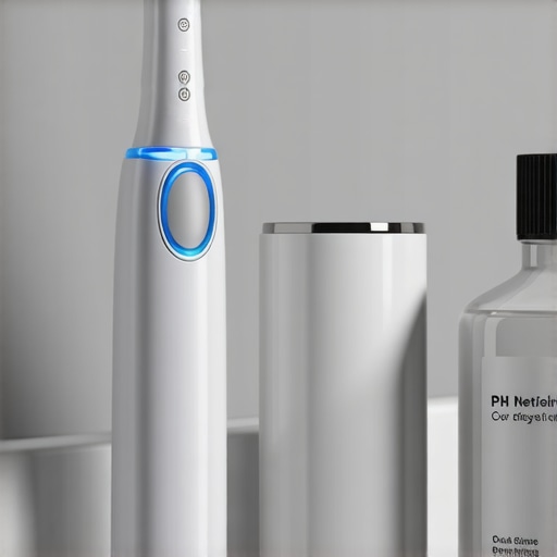 A pressure-sensing sonic toothbrush and pH-neutralizing pre-rinse on a bathroom counter.