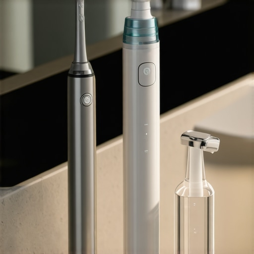 Advanced dental cleaning tools including a sonic toothbrush and water flosser on a clean bathroom counter.