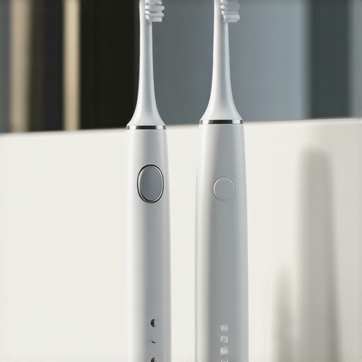 High-end electric toothbrush and water flosser on a bathroom counter for oral health maintenance