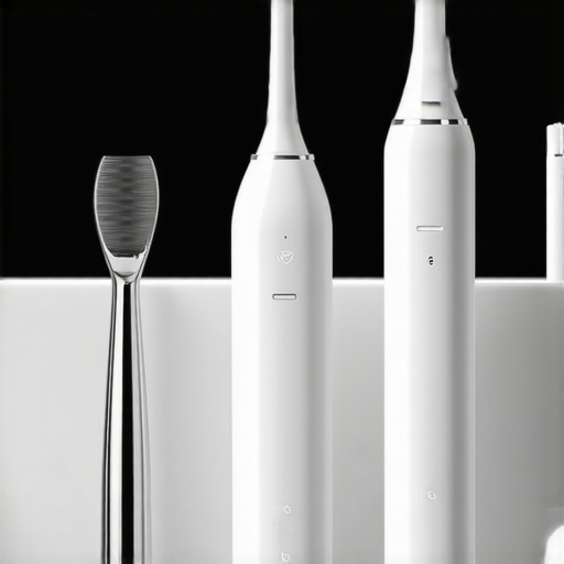 Professional dental tools including water flosser and tongue scraper for home maintenance.