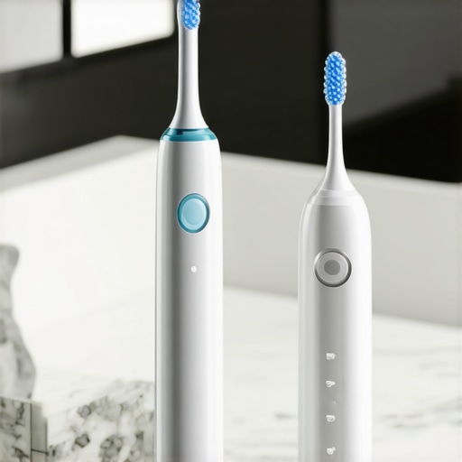 An electric toothbrush and water flosser on a bathroom counter illustrating advanced dental maintenance tools.