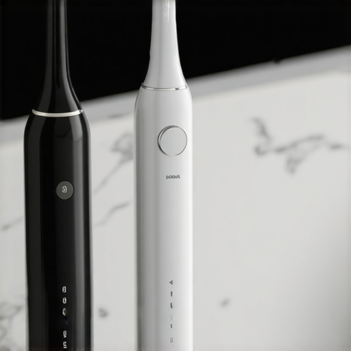 Modern Oral Health Tools for Home Maintenance Close-up of an electric toothbrush and water flosser on a bathroom counter