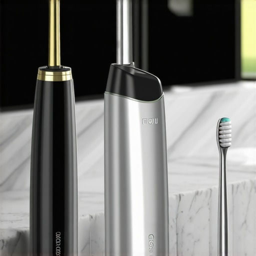 Modern Oral Hygiene Maintenance Tools High-tech dental maintenance tools including a water flosser and sonic toothbrush on a bathroom counter.