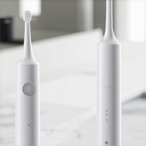 High-end electric toothbrush and water flosser on a bathroom vanity