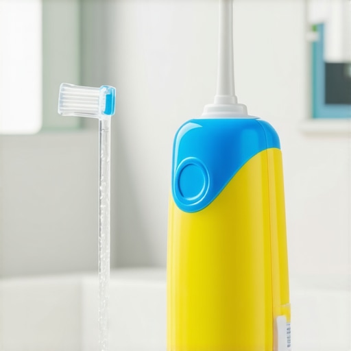 Kid-friendly water flosser on a bathroom counter