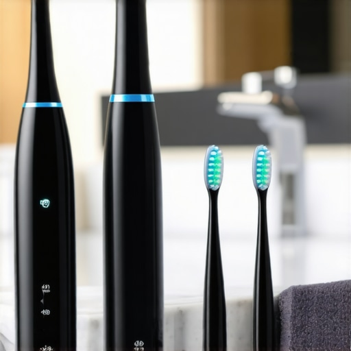 A collection of high-end oral hygiene tools including a sonic toothbrush and water flosser.