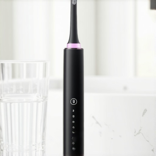 Modern Smart Toothbrush and Remineralizing Tools A high-tech electric toothbrush and dental care kit for maintaining enamel health on a bathroom counter.