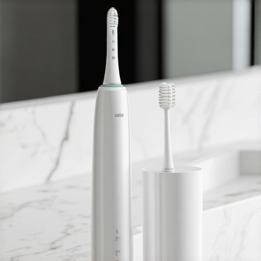 An electric toothbrush and water flosser on a bathroom counter representing oral health maintenance.