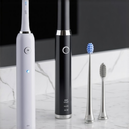 High-tech dental tools including electric toothbrush and water flosser for ulcer prevention