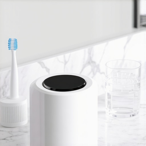 A professional ultrasonic cleaning tank on a bathroom counter for dentures and retainers.