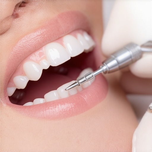Modern Ultrasonic Dental Cleaning A close-up of a professional dental cleaning procedure focusing on the gum line.