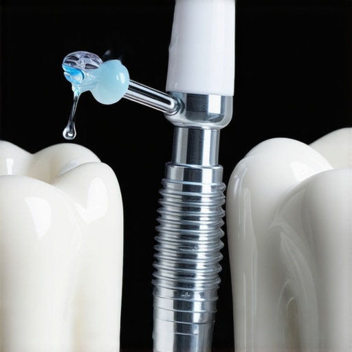 Modern Water Flosser for Dental Implant Maintenance Close-up of a water flosser cleaning a dental implant to show effective oral hygiene technology.