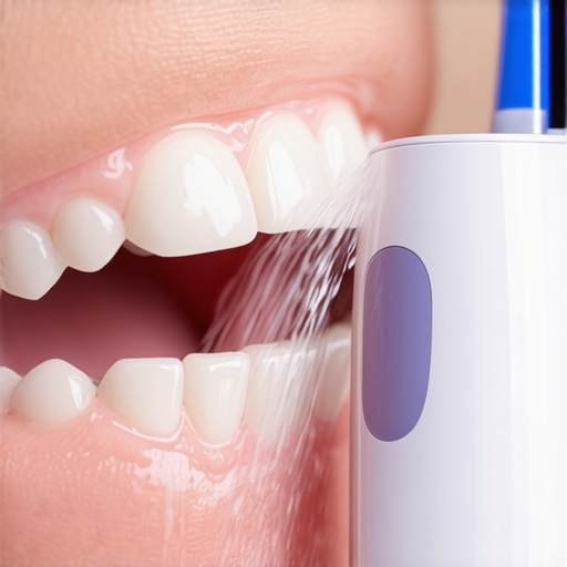 A close up of a water flosser cleaning deep gum pockets for post-procedure care