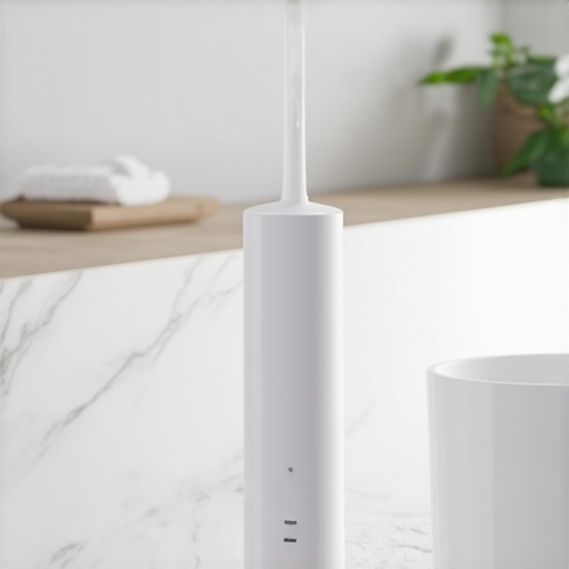 Modern Water Flosser for Oral Hygiene A high-end water flosser tool on a bathroom vanity.