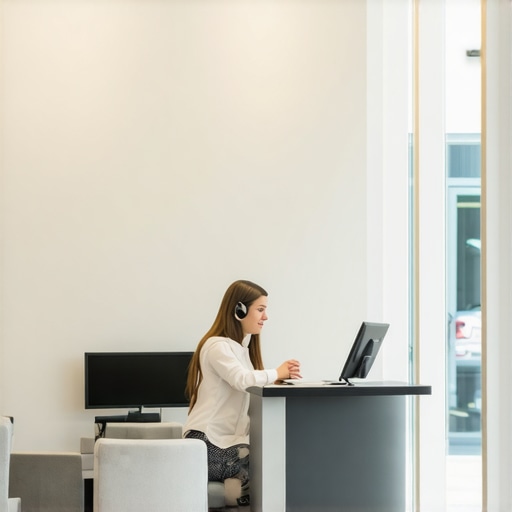 A peaceful dental office reception area designed to reduce patient anxiety through warm lighting and professional staff.