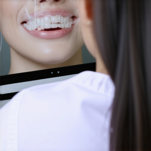 Dentist explaining a 3D digital scan of teeth to a patient to illustrate oral health concepts.