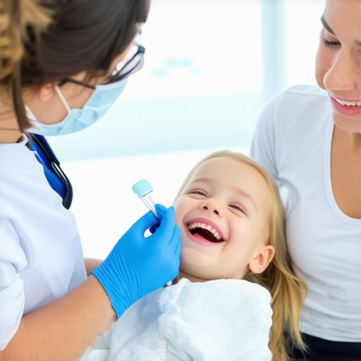 Dentist explaining silver diamine fluoride treatment to a family