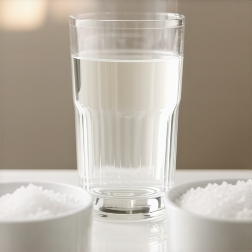 Warm water and salt on a bathroom counter for oral rinsing