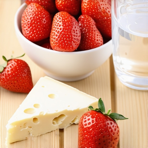 Strawberries and cheese representing a balanced snack to protect tooth enamel from fruit acid.