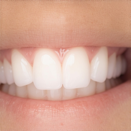 A close up of natural healthy teeth showing realistic texture and gum health.