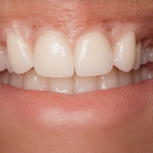 A close up of a healthy smile showing natural tooth translucency and healthy gums.