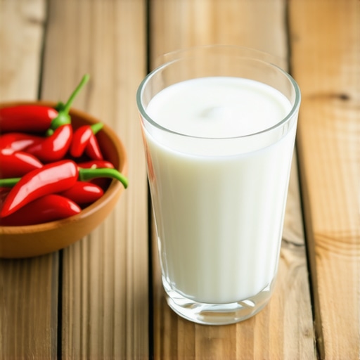 Neutralizing Spice with Dairy A glass of milk and spicy peppers illustrating how dairy helps stop the burn of capsaicin.