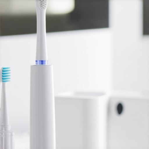Electric toothbrush and water flosser organized on a bathroom counter for easy one-handed access.