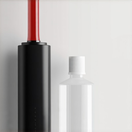 Ventilated travel toothbrush case and mouthwash on a hotel counter.