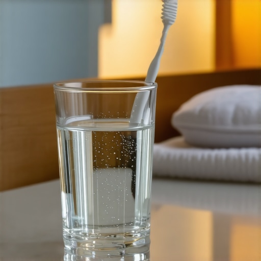A toothbrush standing upright in a glass to ensure proper drying during travel.