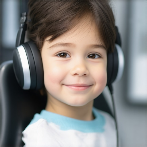 A child using noise-canceling headphones during a dental cleaning to manage sensory overload.