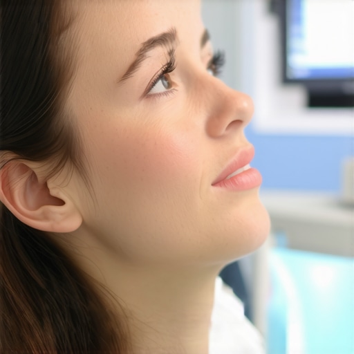 Patient staying calm during dental X-rays using focused nasal breathing.
