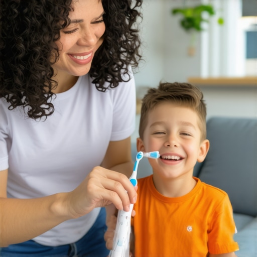 A mother showing her son a vibrating toothbrush to prepare him for a dental visit
