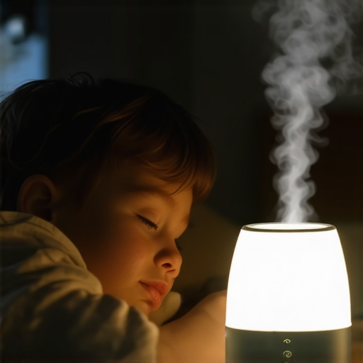 Peaceful sleep with humidifier for bruxism relief A child sleeping soundly with a humidifier nearby to help clear airways and reduce nighttime teeth grinding.