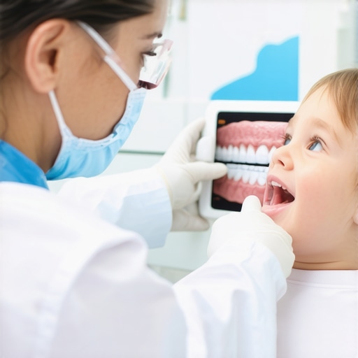 Pediatric dentist and parent discussing white spots on child's teeth