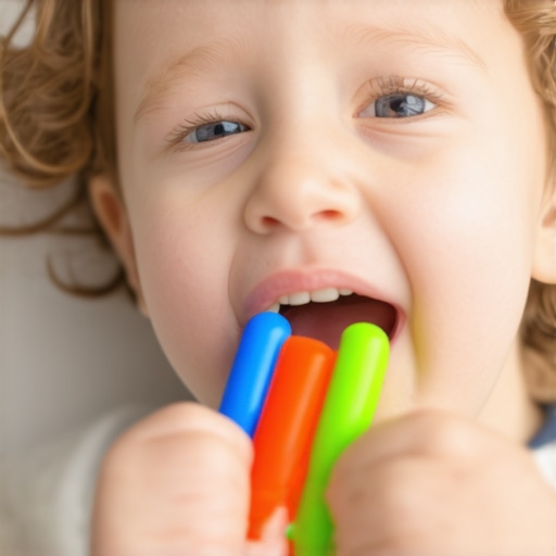 Toddler using a specialized oral therapy tool to strengthen tongue muscles.