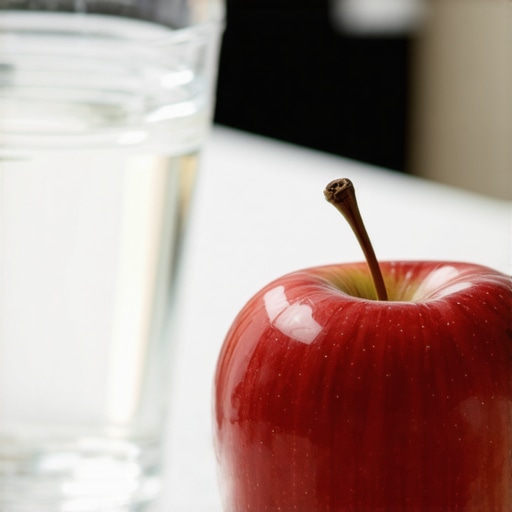 A peeled red apple sliced on a cutting board next to a clear glass of water to show allergy prevention steps.