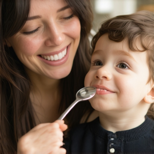 Practicing dental exams at home with a toddler A mother and toddler practicing a dental checkup at home using a spoon and flashlight.