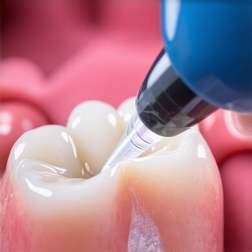 Close up of a dentist applying a dental sealant with a blue curing light.
