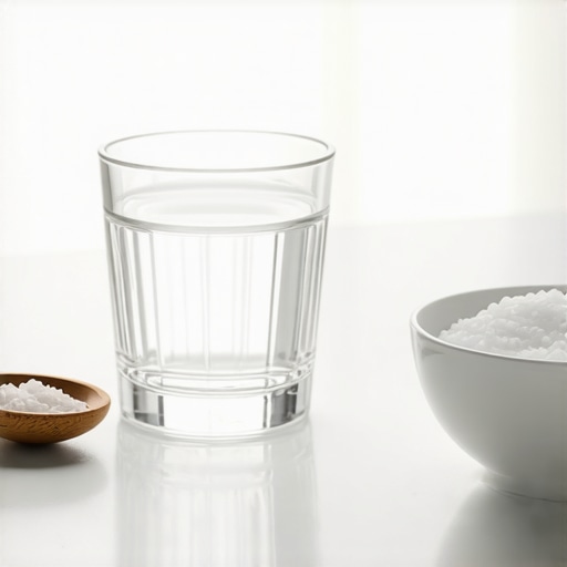 A glass of warm salt water and sea salt on a counter for mouth sore relief.