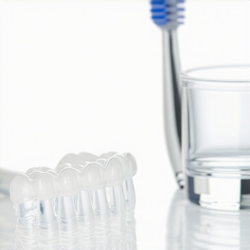 A clear dental aligner and soft cleaning tools on a white background.