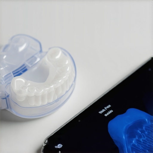 A custom-fit dental splint for bruxism shown next to a digital 3D model of a patient's bite on a tablet.