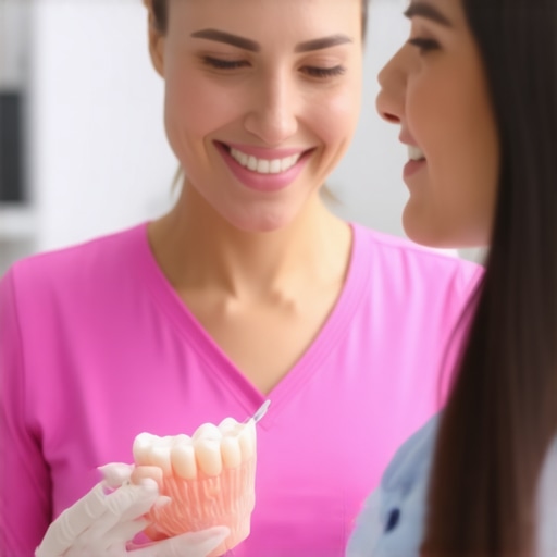 Professional Dental Consultation During Pregnancy A dentist explaining oral health to a pregnant patient using a dental model.