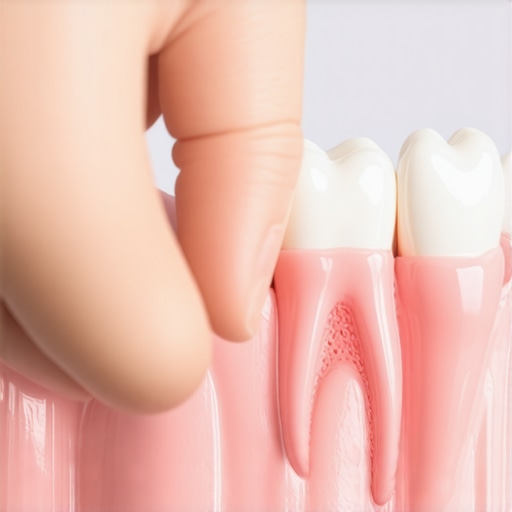 Dentist explaining gum recession on a tooth model during a consultation.