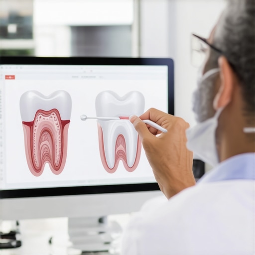 A dentist explaining enamel erosion and the importance of professional dental care to a patient.