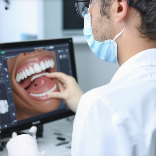 A dentist explaining digital dental scans to a patient in a modern office.