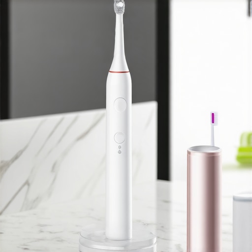 Professional Dental Maintenance Tools Electric toothbrush and water flosser on a bathroom counter for smile maintenance.